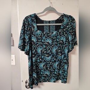 J. Jill Teal and Black Floral Blouse